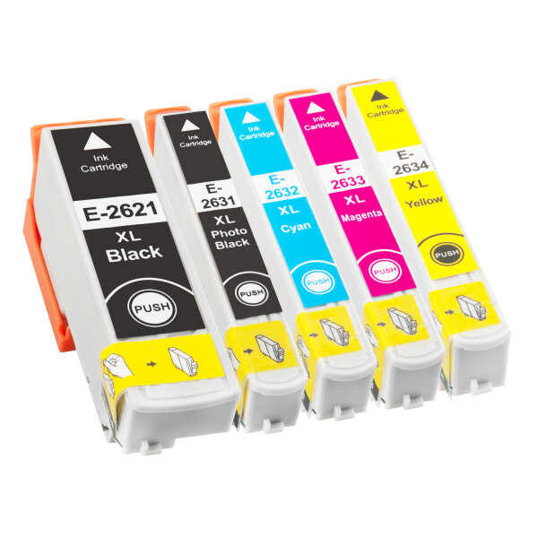 5-er Multipack Premium Drucker-Patronen kompatibel Epson (26XL / T2621+T2631+T2632+T2633+T2634) BK+PBK+C+M+Y, 24,5ml/15ml