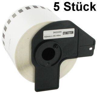 5x Premium Etiketten kompatibel Brother (DK-22205) Endlos 62mm x 30,48m, 1 Rolle - 30,48 Meter, Weiss, permanent klebend