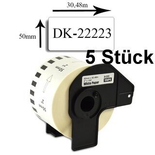 5x Premium Etiketten kompatibel Brother (DK-22223) Endlos 50mm x 30,48m, 1 Rolle - 30,48 Meter, Weiss, permanent klebend