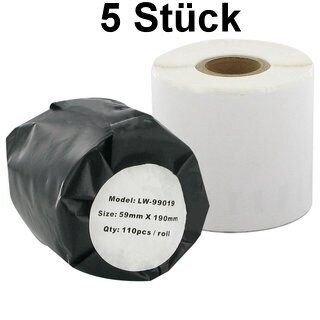 5x Premium Etiketten kompatibel Dymo D1 (99019) Rechteckig 59mm x 190mm, 110 Etiketten/Rolle, Weiss, permanent klebend
